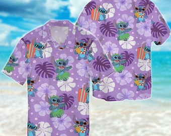Camisa hawaiana tropical con estampado de Stitch de Disney para el verano, camisa para amantes de Stitch, camisa de manga corta con botones, camisa playera de verano Aloha.