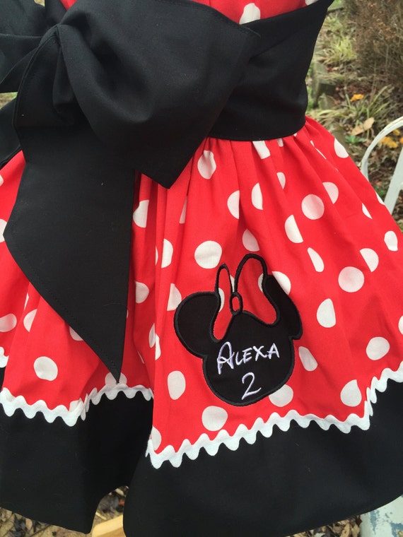 Custom Made Minnie Mouse Dress red dot Applique Name Birthday12M 24m 5 2T-12 yrs