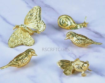 Puxadores de gaveta em latão com formato de animais: pássaro, coelho, peixe, caracol e borboleta. Ferragens decorativas.