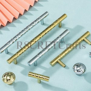 Puxadores de gaveta em latão maciço martelado: puxador de armário dourado e cromado, puxador de cozinha prateado