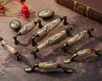 Antik Messing Blumen Schubladenknauf, Vintage Keramik Schrank Pull, Vogel Kommode Knäufe, Küche Hardware