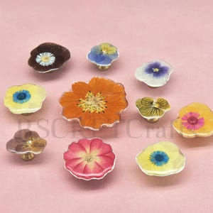 May include: A collection of ten decorative cabinet knobs with real pressed flowers encased in clear resin. The knobs feature various flower types and colors, including orange, pink, yellow, blue, and white, with gold-toned metal bases. The knobs are arranged on a pink surface.