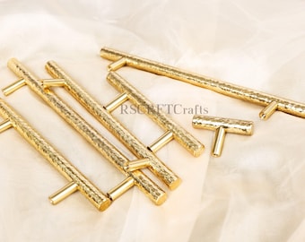 Uchwyty do szuflad młotkowane: błyszcząca złota gałka do szafki, nowoczesna klamka do drzwi kuchennych z litego mosiądzu