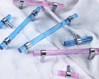 Personalizowane, przezroczyste, niebiesko-różowe, akrylowe uchwyty do szuflad, uchwyty do szafek łazienkowych, minimalistyczne gałki kuchenne