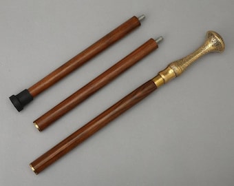 Vintage Style Detachable Wooden Walking Cane – Ornate Gold Handle, 3-Piece Stick