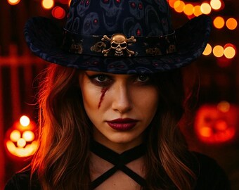 Gothic Skull Cowboy Hat: Handmade Western Fedora, Halloween Party Decoration