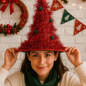 May include: A red Christmas tree hat with a star and green baubles. The hat is worn by a person wearing a white jumper and a green scarf. A Christmas wreath and decorative banners are in the background.