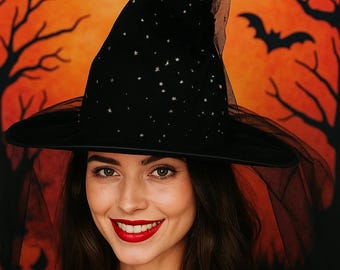 Handmade Black Velvet Witch Hat – Crinkled Pointed Hat with Mesh Veil