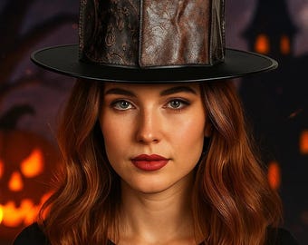 Puede incluir: Un sombrero de copa negro con una corona marrón texturizada y un ala ancha. La corona tiene un patrón decorativo. El sombrero está sobre un fondo temático de Halloween con una calabaza y una casa espeluznante.