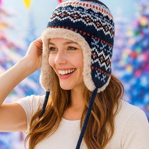 Puede incluir: Un gorro de invierno de punto azul marino y blanco con forro de piel sintética color crema y un pompón a juego. El gorro presenta un patrón geométrico en blanco y rojo. Cintas trenzadas azul marino cuelgan de las orejeras.