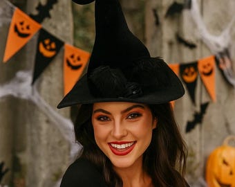 Handmade Black Oxford Cloth Witch Hat: Classic Halloween Costume