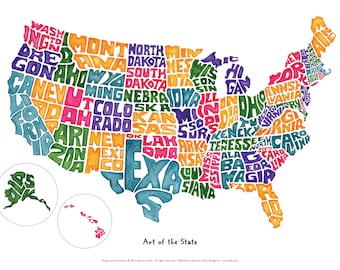Art of The State Groovy Geography USA Map Poster 20 X 14 inches