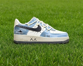 Custom Blue Grey Graffiti Air Force 1 | Hand-Painted Broken Effect AF1 Sneakers | Streetwear Art Gift for Him & Her