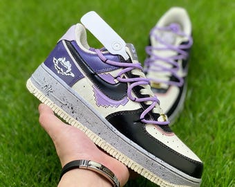 Custom Hand-Painted Air Force 1 | Purple Black Splatter Sneakers