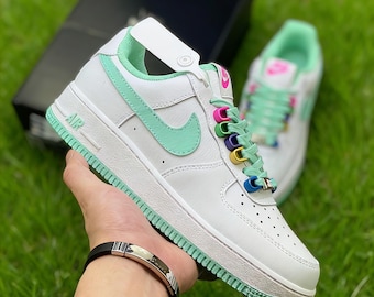 Custom Mint Green Air Force 1 Sneakers | Colorful Eyelet Streetwear
