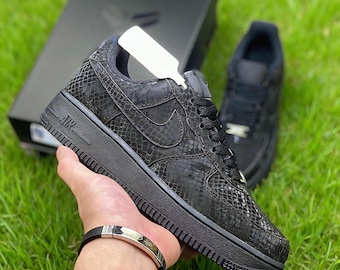 Custom All Black Snakeskin Air Force 1 Sneakers | Handmade Luxury Textured Shoes | Unisex Streetwear Gift for Sneakerheads