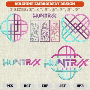 May include: Machine embroidery design with the text "HUNTRAX" and illustrations of women. The design comes in 7 sizes: 3", 4", 5", 6", 7", 8", and 9". The design includes PES, DST, EXP, JEF, and UP3 file formats.
