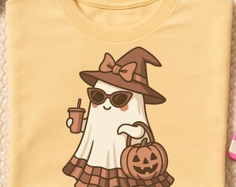 Ghost Pumpkin PNG: Halloween Sublimation Clipart with Witch Hat And Coquette Bow
