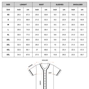 May include: A size chart for a 3D-VN premium baseball jersey, with measurements in inches and centimetres. The chart includes sizes XS to 5XL, detailing length, bust, sleeves, and shoulder dimensions. The image also shows a diagram of the jersey.