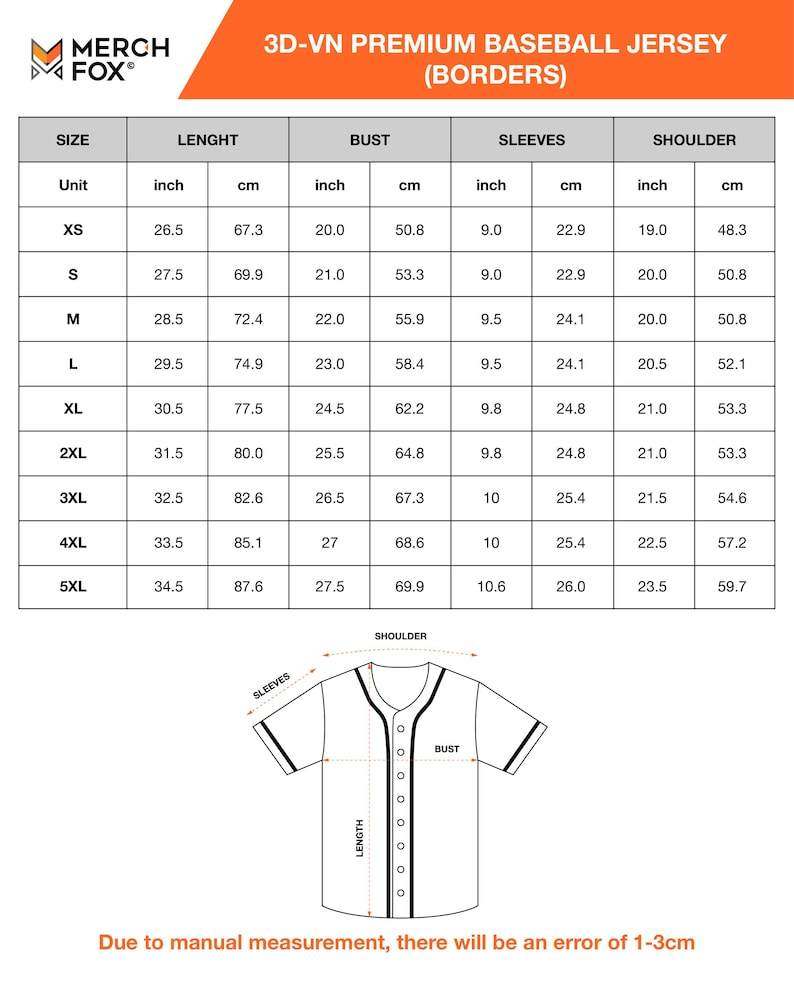 May include: A size chart for a 3D-VN premium baseball jersey, with measurements in inches and centimetres. The chart includes sizes XS to 5XL, detailing length, bust, sleeves, and shoulder dimensions. The image also shows a diagram of the jersey.
