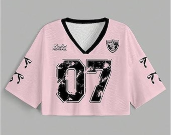 Pink 07 Crop Football Jersey – Black Mesh Sports Crop Top, Cute Streetwear Game Day Shirt