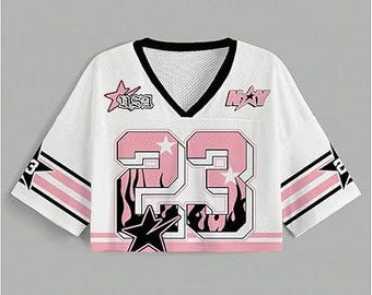 New York 23 Pink Crop Football Jersey – White Mesh Sports Crop Top, Streetwear Game Day Shirt