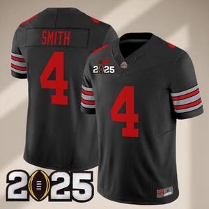 May include: Two black football jerseys with red accents. The jerseys feature the number 4 in red, the name "SMITH" on the back, and the text "2025". The sleeves have red and gray stripes.