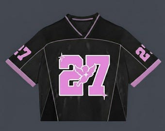 Custom Name 27 Pink Crop Football Jersey – Black Mesh Sports Crop Top, Personalized Streetwear Jersey