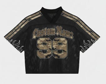 Custom Name 99 Camo Crop Football Jersey – Mesh Streetwear Top, Vintage Sports Crop Shirt