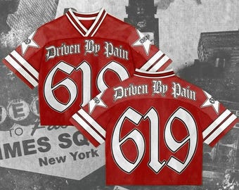 Driven By Pain 619 Red Crop Football Jersey – Vintage Mesh Sports Crop Top, Streetwear Game Day Shirt