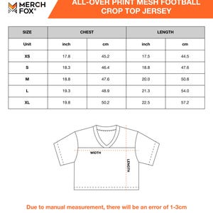 May include: A white background with a size chart for an all-over print mesh football crop top jersey. The chart includes chest and length measurements in inches and centimeters for sizes XS to XL. The Merch Fox logo is in the top left corner.