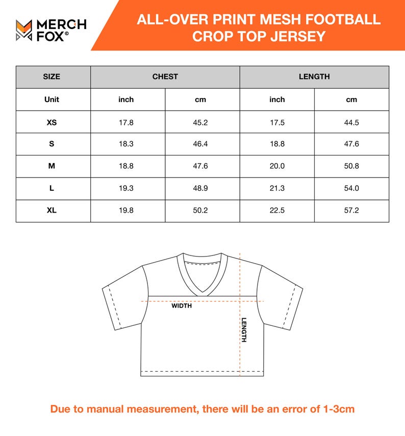 May include: A white background with a size chart for an all-over print mesh football crop top jersey. The chart includes chest and length measurements in inches and centimeters for sizes XS to XL. The Merch Fox logo is in the top left corner.