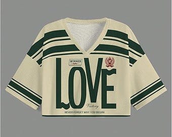 LOVE Vintage Crop Top Football Jersey – Retro Mesh Sports Top, Green & Cream Streetwear Crop Shirt