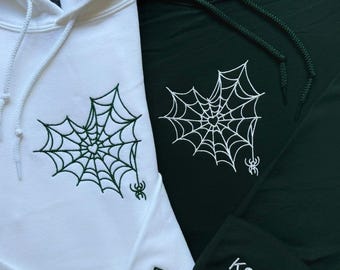 Matching Spider Web Heart Embroidery Hoodie, Embroidered Halloween Couple Hoodie, Gift for BoyFriend