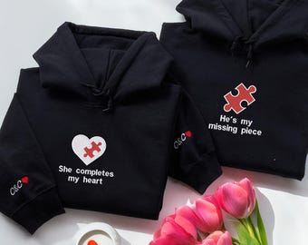 Heart and Puzzle Piece Couples Hoodie, Custom Embroidered Sweatshirt with Initial on Sleeve, Valentine’s Day Gift