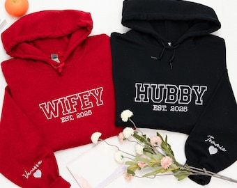 Personalized Embroidered Couples Sweatshirt, Wifey Hubby Matching Gift
