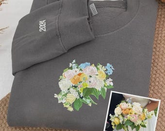 Custom Bridal Bouquet and Boutonniere Embroidered Sweatshirt, Floral Memorial Crewneck, Bridal Keepsake, Wedding Flower Gift for Her