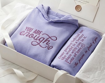 Felpa con cappuccio personalizzata ricamata "You Are Enough" - Felpa "Dear Person Behind Me" - Regalo per donne e ragazze adolescenti sulla salute mentale