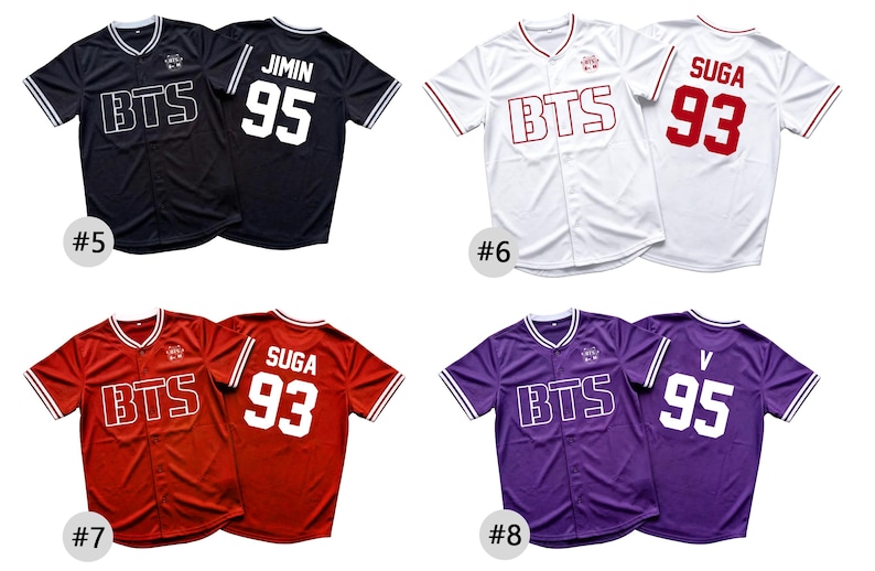 May include: Four short-sleeve button-down baseball jerseys in black, white, red, and purple. Each jersey features the text BTS on the front and a name with a number on the back, including JIMIN 95, SUGA 93, and V 95, with striped collar and sleeve trim.
