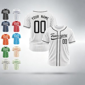 May include: Baseball jerseys in various colors, including black, white, navy, red, orange, and blue. The jerseys feature the text "Team name" and "Your name" with the number "00" on the back.