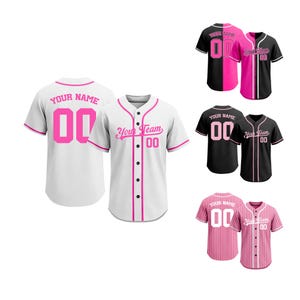 May include: A collection of short-sleeved baseball jerseys in various color combinations including white with pink, black with pink, solid black with pink, and pink with white pinstripes. Each jersey features button-front closures and text.