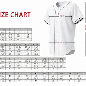 May include: A white baseball jersey with black trim on the collar and sleeves, accompanied by a comprehensive size chart for preschool, boys, women, and men. The chart displays measurements in inches for chest, length, and hips for various sizes.