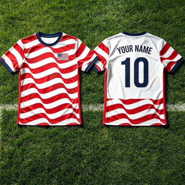 Camiseta de fútbol de EE. UU. personalizada con escudo, nombre y número para los aficionados.