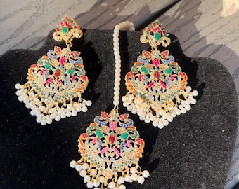 Bridal Multicolor Kundan Jhumka Earrings & Tikka Set for Indian Pakistani Weddings | Mehndi Sangeet Accessories | Traditional Pearl Jewelry