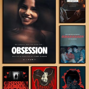 Puede incluir: Una colección de carteles de la película "Obsesión". Los carteles presentan varios diseños, incluyendo el rostro de una mujer, una pareja y gráficos estilizados. El título de la película y el nombre del director se muestran de forma destacada.