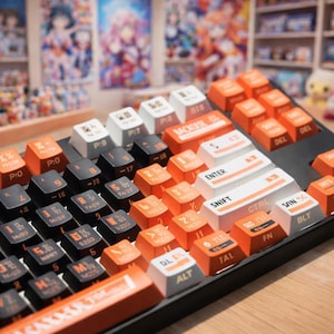 May include: Close-up of a mechanical keyboard with orange, black, and white keycaps. The keycaps have various symbols and text, including "ENTER", "SHIFT", and numbers. The keyboard is on a wooden surface.