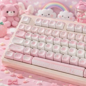 Pode incluir: Um teclado mecânico rosa e branco com uma estética pastel. O teclado apresenta teclas brancas com detalhes e letras rosa. Os elementos decorativos incluem um urso de pelúcia rosa, um arco-íris e decorações em forma de nuvem.