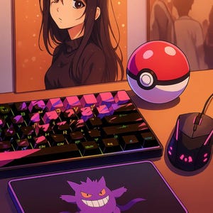 Puede incluir: Ilustración de una configuración de escritorio con un teclado negro con teclas rosas y moradas, un ratón negro y una alfombrilla de ratón con un diseño de Gengar morado. Una Pokeball roja y blanca está sobre el escritorio.