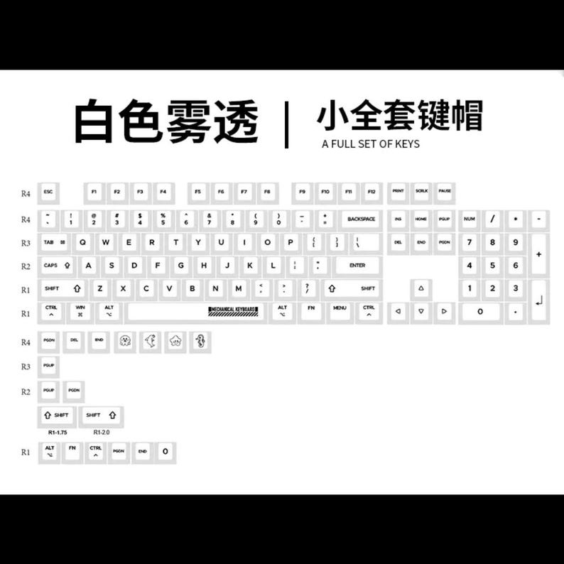 Puede incluir: Un juego completo de teclas blancas para teclado mec&aacute;nico. Las teclas son blancas con letras y s&iacute;mbolos negros. La imagen incluye una variedad de tama&ntilde;os y dise&ntilde;os de teclas, incluyendo el teclado num&eacute;rico y las teclas de funci&oacute;n.