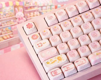 Pink Sakura Keycap Set MOA Profile | 128 PBT Cute Anime-Style Keycaps | Round Pastel Mechanical Keyboard Caps for MX Switch